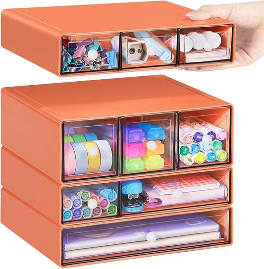 Desk Storage Organizer with 9 Drawers, 4 Tiers Stackable Desktop Craft Storage Drawers, Clear Storage Box Caddy for Stationary Makeup Jewelry Office Craft Supplies (Orange)