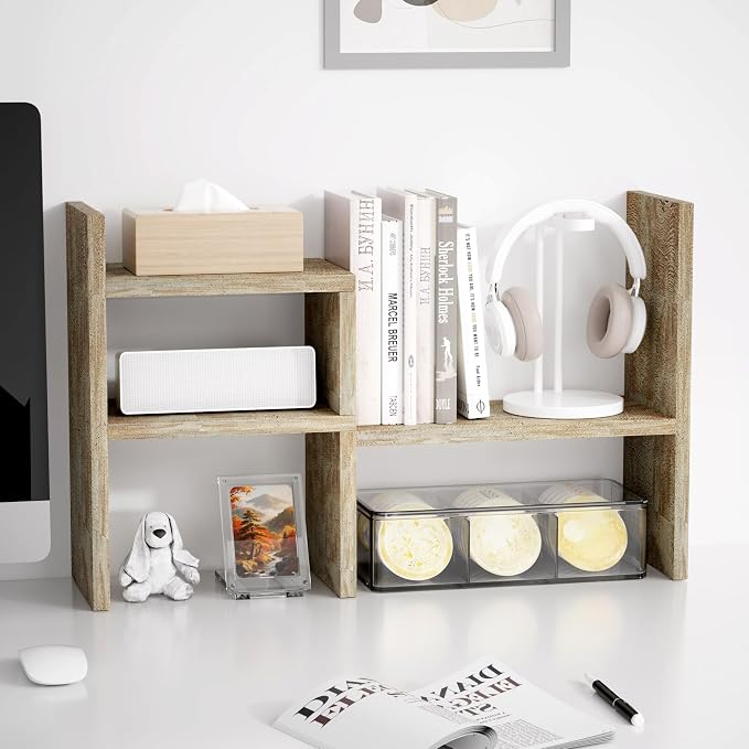 Jerry & Maggie Desktop Organizer Office Storage Rack Adjustable Wood Display Shelf Birthday Gifts Toy Home Decor Free Style Rotation Display True Natural Stand Shelf (Gray Oak/2 Pack)