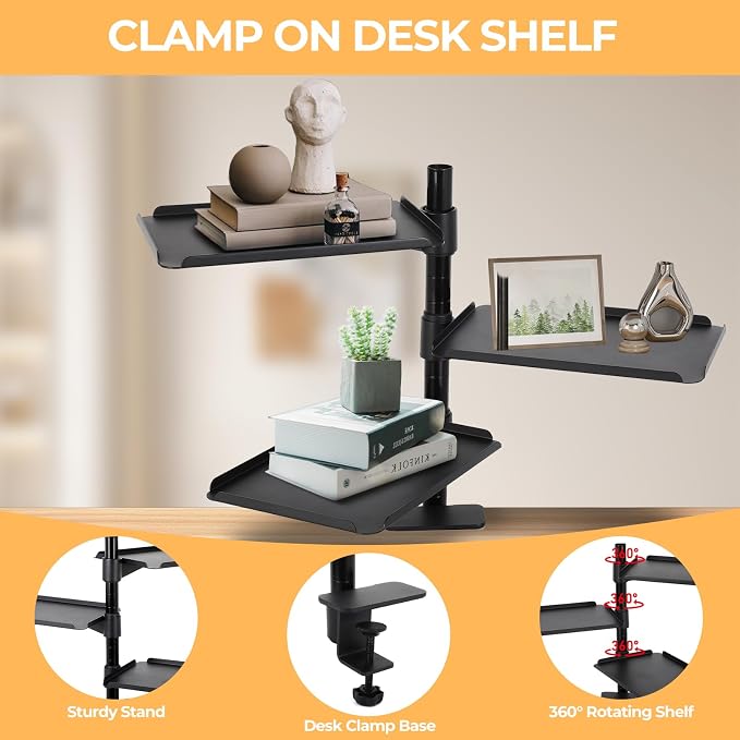 FAHKNS 3 Tier Desk Extender, Desk Clamp Shelf, 360° Rotatable & Height-Adjustable Clamp on Desk Shelf for Study/Office/Kitchen/Game Room, Maximum Desktop Thickness 2.2 Inch