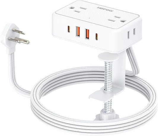 HOPOW Desk Clamp Power Strip, Desktop Mount Charging Station with 4 Outlets 4 USB Ports (2 USB C), 10Ft Under Desk Power Strip, Fits 2.75" Tabletop Edge, Extension Cord for Home Office, White