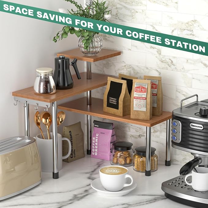 ZHWS Bathroom Counter Organizer Corner Countertop Shelf Adjustable 3 Tier Corner Shelf Kitchen Counter Organizer with 4 Metal Hooks for Bathroom Counter, Makeups, Dresser Table, Over Sink