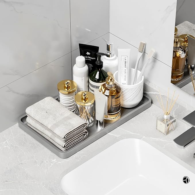 Weenson Bathroom Vanity Tray for Countertop Decor Perfume Makeup Toiletries Toilet Tank, Large Bamboo Kitchen Tray for Spice Salt, Serving Tray for Food Coffee, Nightstand Candle Silver 14.2”x8.3”
