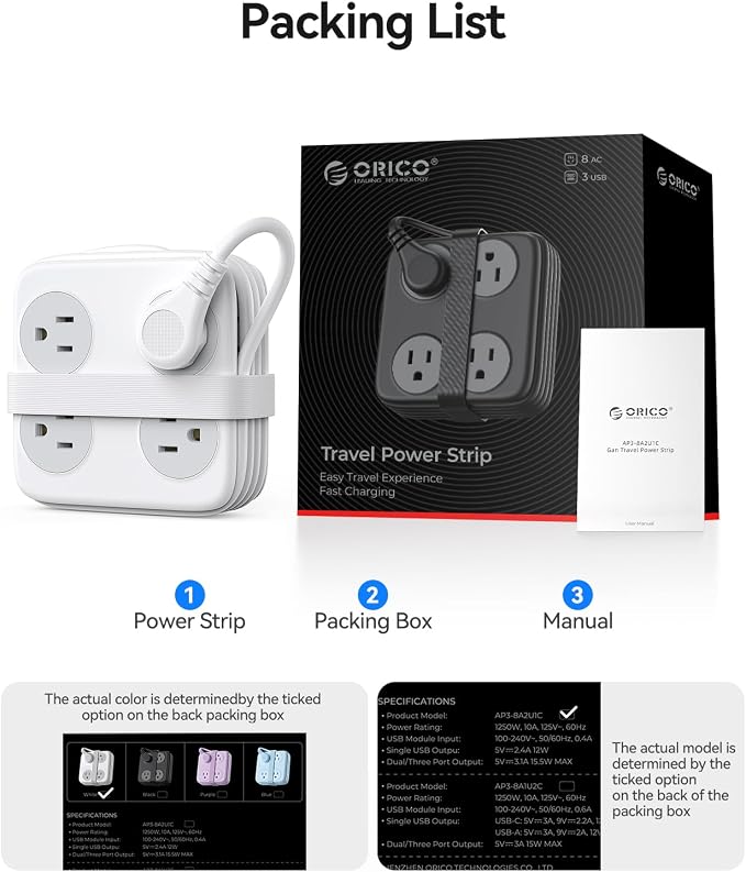 5 Ft Extension Cord with 3 USB Ports, ORICO Power Strip for Desktop, 4 Side Outlet Extender(8 AC) & Flat Plug, 11 in 1 Charging Station for Home/Office/Dorm - AP3 PRO