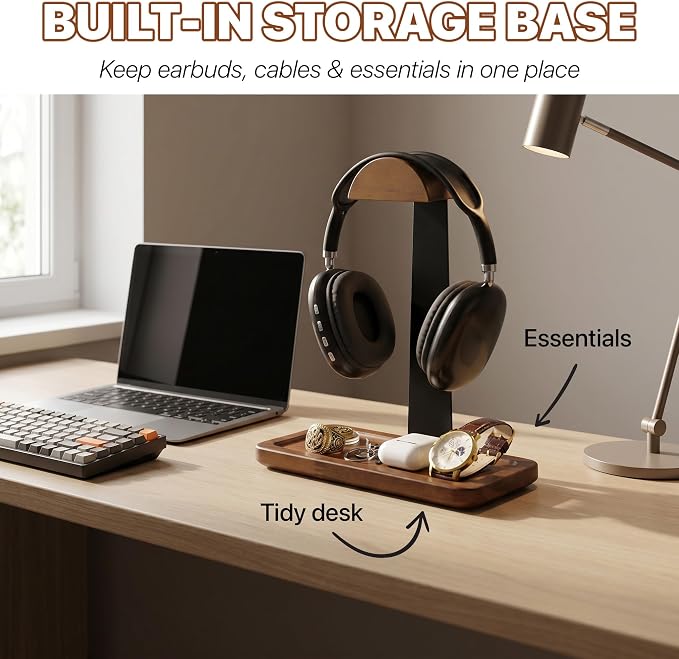 Gift for Men Headphone Stand with Storage Base, Stylish Headset Holder Gamer Gifts for Gaming & Desk to Keep Accessories Organized, Unique Gifts for Teenage Boy Brother on Birthday (Brown Wood)