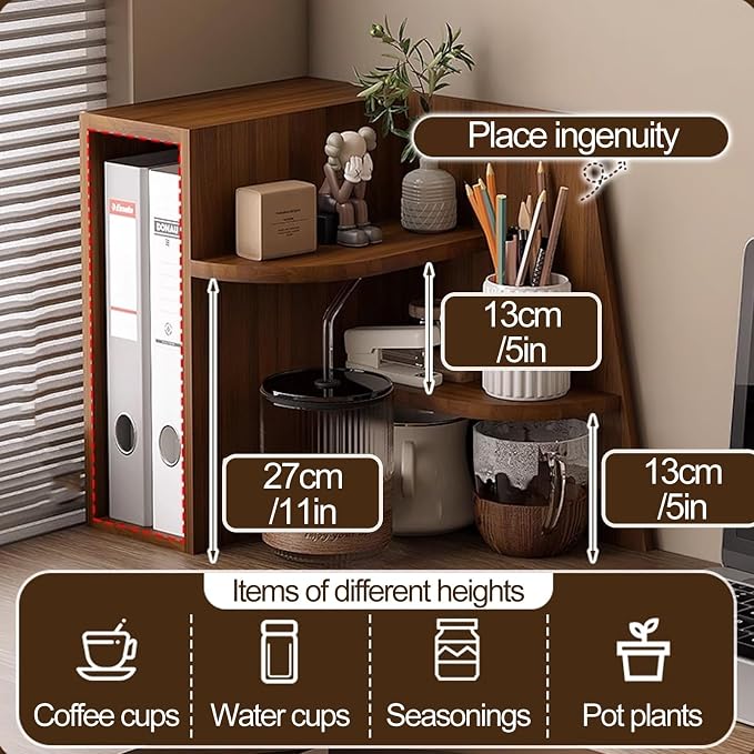Desktop Corner Stand Shelf with Bookshelf, 3 Tier Corner Shelf Organizer for Small Spaces Home Office Kitchen(Brown)