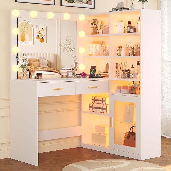 Corner Vanity Desk with Lighted Mirror & 9 Open Storage Shelves, L-Shaped Vanity with Charging Station & RGB Cabinet, White Makeup Vanity with Drawers, Large Makeup Desk with Storage for Bedroom