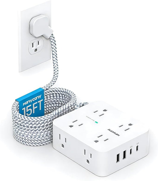 PD 30W USB C Power Strip Surge Protecor, HANYCONY 8 Outlets 4 USB(2 USB C Ports), 1080J Desk Charging Station for Multiple Devices, 15 Ft Flat Plug Extension Cord for College Dorm Room Essentials
