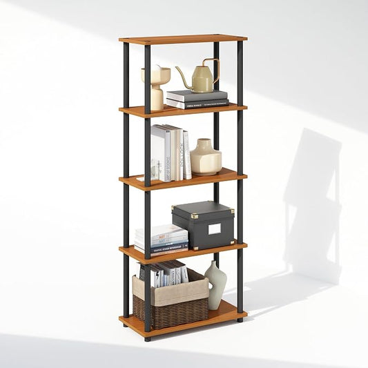 Furinno Turn-N-Tube Book Shelf, 5-Tier Bookshelf, Bookcase with Multipurpose Compact Display Rack, 11.6 x 23.6 x 57.4, for Living Room, Bedroom, Home Office, Light Cherry/Black