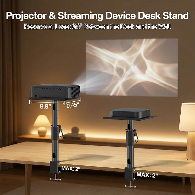2-Pack Adjustable Clamp On Projector Stand Table, Heavy Duty 40 lbs Each, Dual Utility Tabletop Stands for Projector & Streaming Device, Gaming Console, Laptop – Home Theater & Office Setup