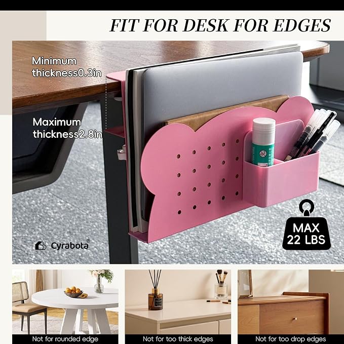 Under Desk Laptop Holder, No Drill Table Side Storage Organizer, Cute Pink Panda Clamp On Desktop Shelf Steel Table Hanging Mount File Tray, Desk Accessories & Workspace Organizers (Pink Panda)