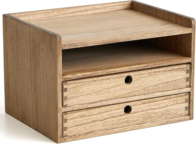 KIRIGEN Desktop Organizer Cabinet with 2 Drawers and Tray, Wood Office Desk Storage Shelf, 3-Tier Countertop Organizer for Papers, Supplies, Cosmetics, Kitchen Accessories Brown DT3D2C-DBR