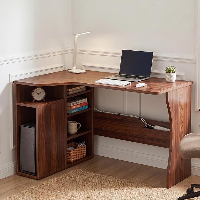 Garvee L Shaped Desk with Storage Shelves, Small Corner Desk for Small Spaces, Corner Table with 3 Tier Shelves, Home Office, Writing Study Gaming Desk, Walnut Wood