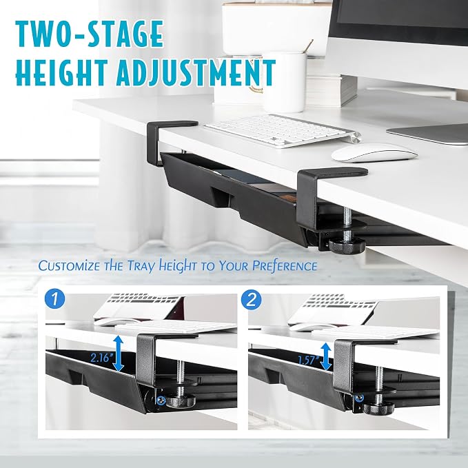 EHO Under Desk Slide-Out Storage Drawer, Large 20" x 11.8" Clamp-On Pull-Out Organizer with Adjustable Height, Space-Saving Tray for Office Supplies and Accessories, TAA-Compliant