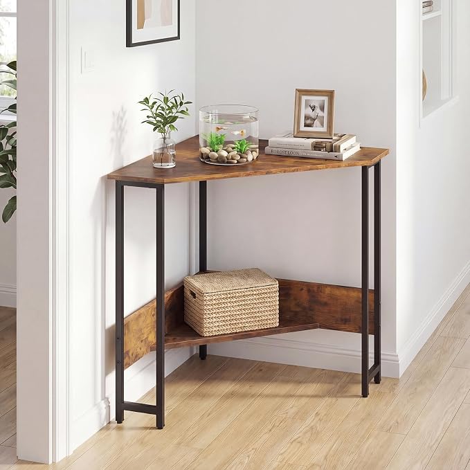 Giantex Corner Desk with Charging Station, 90° Triangle Computer Desk with Storage Shelf, Industrial Compact Writing Desk with Metal Frame for Home Office, Small Spaces & Bedroom, Rustic Brown