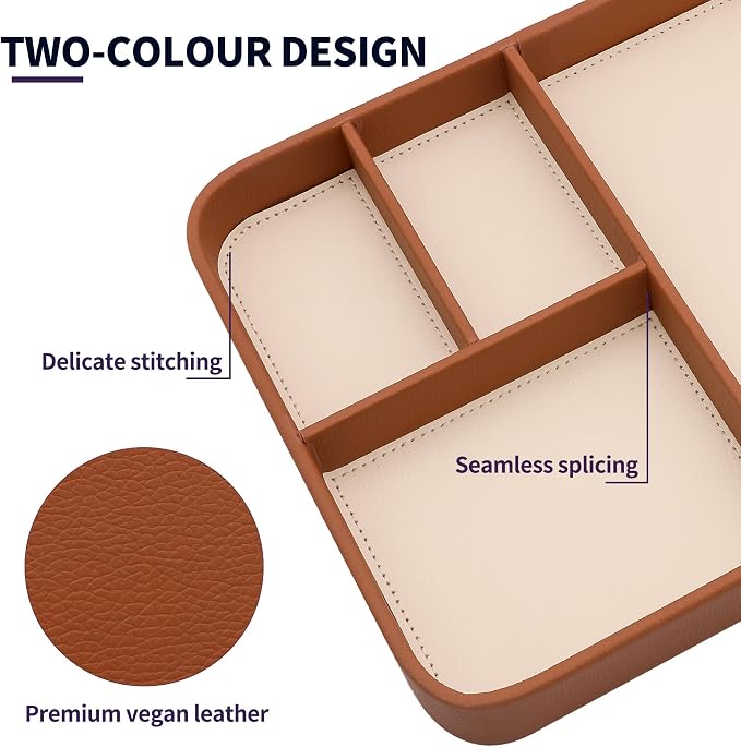 Vegan Leather Valet Tray for Men - Modern Nightstand Organizer for Keys, Wallet, Watch & EDC Essentials, Eco-Friendly & Stylish Storage(Brown)