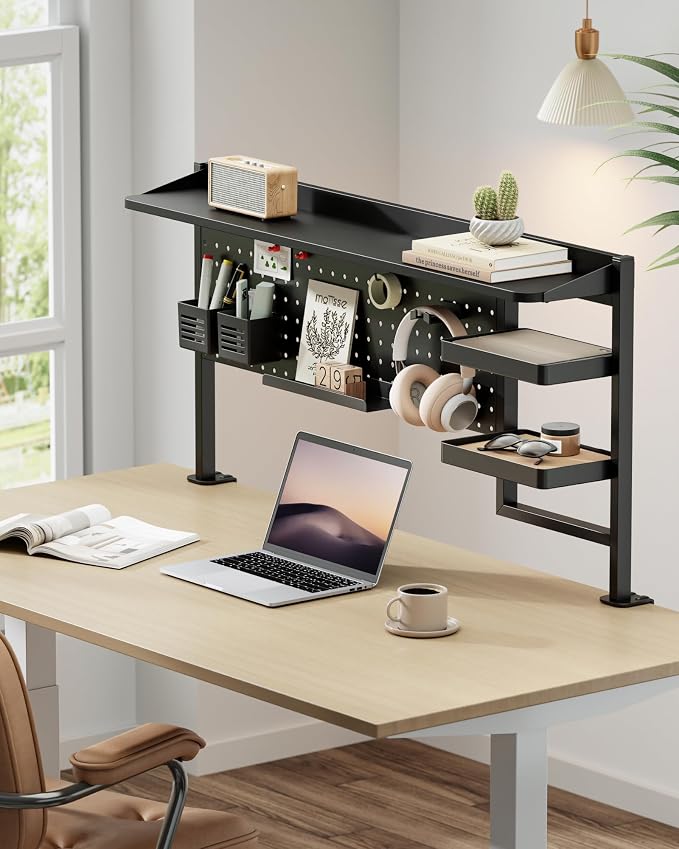 PEGZONE Clamp on Desk Shelf, 44" Desktop Shelving System, Black | with Pegboard and Accessories, Desktop Organizer with 2-Tier Shelf, Desk Pegboard for Office Home Gaming