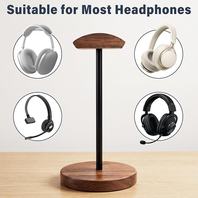 Wood & Metal Headphone Stand, Headset Holder for Desk, Desktop Gaming Headphone Hanger with Stable Non-Slip Bamboo Base, Universal Earphone Stand for Gaming, Office, Home, Gift