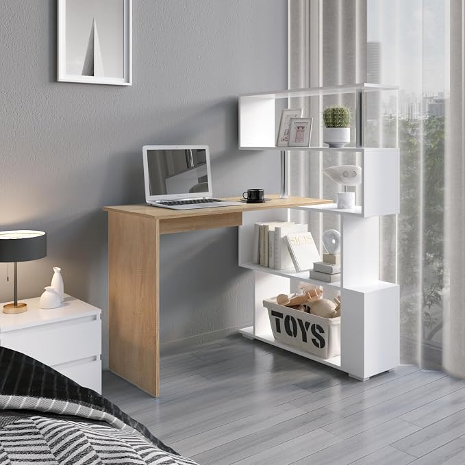 Mondeer 41.7" L Shaped Desk with 4-Tier Storage Shelves, Computer Corner Desk for Study Home Office Living Room (Oak and White)