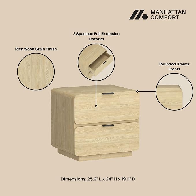 Manhattan Comfort Chrystie Fluted Nightstand 26" Bedside Table with 2 Full Extension Drawers, Rounded Corners, Wood Grain Finish, and Metal Handle Side Table for Bedroom or Living Room in Natural Oak