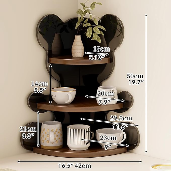 3-Tier Corner Desk Shelf, Solid Wood Desktop Organizer, Vintage Brown Corner Storage Table, Space Saving Freestanding Shelf for Bedroom, Home Office, Kitchen, Bathroom (Black,Bear)