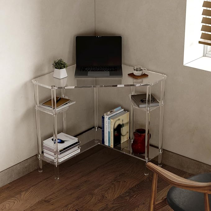Eglaf Acrylic Triangle Corner Desk, 90-Degrees, Clear Desk with Storage | 28.5 x 28.5 inches, Home Office Desk for Small Space, Easy Assembly