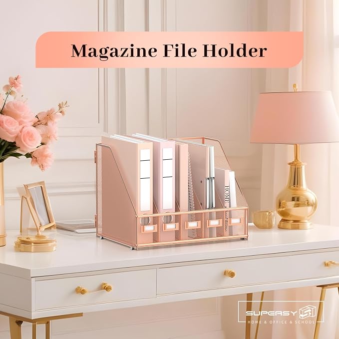 SUPEASY Desk Organizers Metal Desk Magazine File Holder with 5 Vertical Compartments Rack File Organizer for Office Desktop, Home Workspace, Rose Gold, Plus