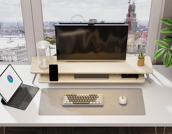 Fenge Dual Monitor Stand, Monitor Stands Riser for 2 monitors, 42.5 Inch Wood Desk Shelf with Storage Organizer and Cable Management for Office Desk Accessories