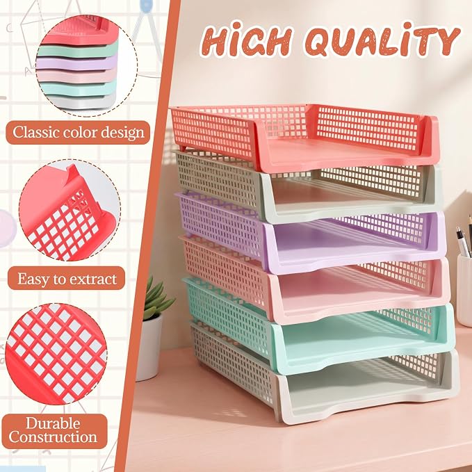 Tenceur 6 Pcs Turn in Trays Classroom, Stackable Tray for Classroom Plastic Storage Baskets Teacher Organizers for Library Drawers Office Desk (Trendy,Macaron Colors,13.3 x 9.5 x 2.7 Inches)