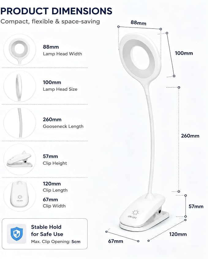 Clip On Reading Light for Bed Headboard, USB Rechargeable Cordless Clamp Lamp for Dorm Room Essentials, Touch Dim, 3 Colors, Eye Protect LED Desk Lamp for College Dorm Room, Gooseneck,White