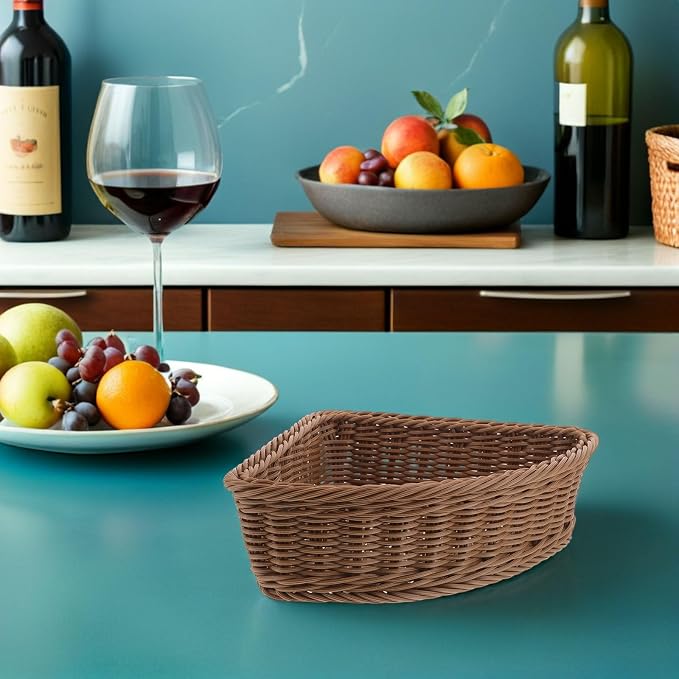BETOOKY 2pcs Small Corner Basket - Mini Imitation Rattan 10 Inch Triangle Organizer For Closets And Side Tables - Plastic Rattan Laundry Basket For Daily Home Decor