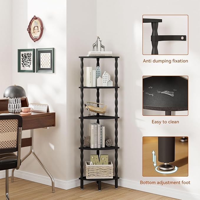 IBUYKE 5-Tier Corner Shelf,Stylish Corner Bookshelf for Small Spaces,Industrial Corner Storage Display Shelves,Small Corner Table for Bedroom,Bathroom,Kitchen, Black WBC020B