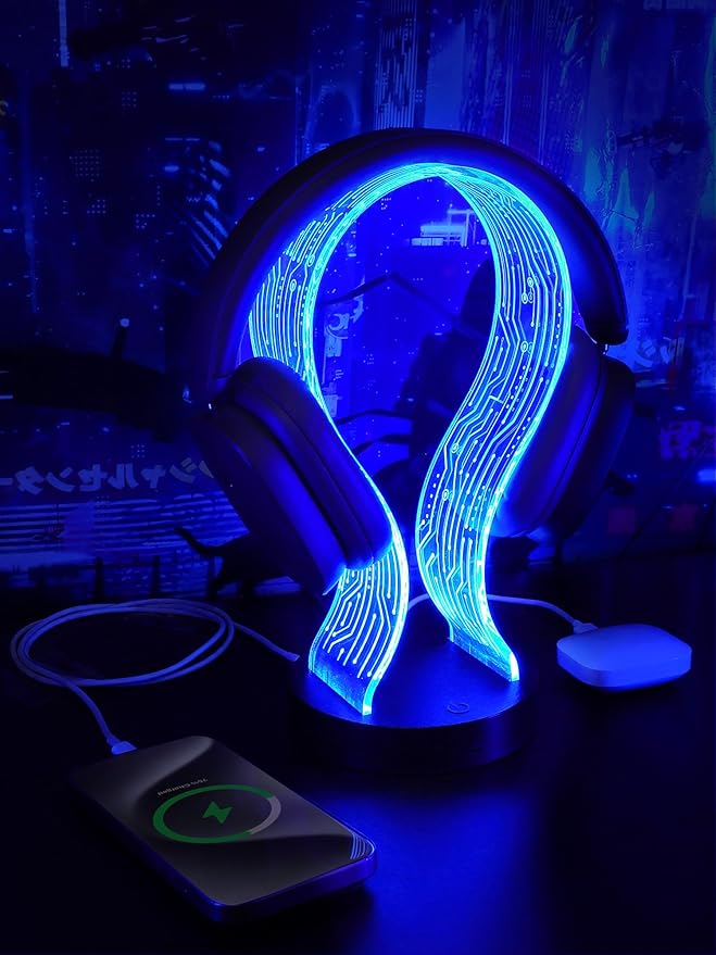 CoolGift Mart Light Up Headphone Stand with 16 Color Lights, PCB Pattern Acrylic Headset Stand with 1 USB and 1 Type-C Charging Ports, Gifts for Gamers Men Boy Father Dad and DJ Music Lovers
