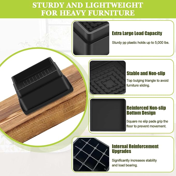 4 Pack Furniture Risers 4 Inch, Adjustable Bed Risers Heavy Duty For Table Desk Couch Chair Sofa Cabinet Bed Frame Dorm, Square Stackable Table Leg Risers Lift Height 1", 2” , 3” or 4", Black