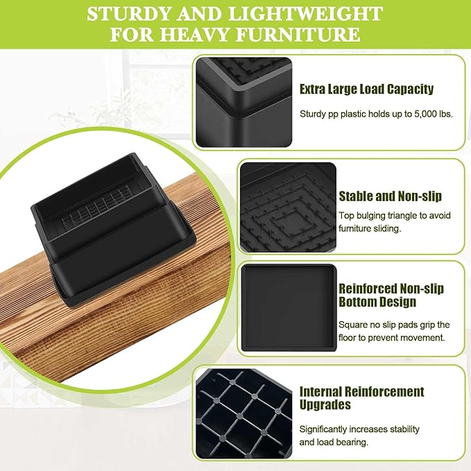 16 Pack Furniture Risers 1 Inch, Adjustable Bed Risers Heavy Duty for Table Desk Couch Chair Sofa Cabinet Bed Frame Dorm, Square Stackable Table Leg Risers Lift Height 1", 2" or 3", Black