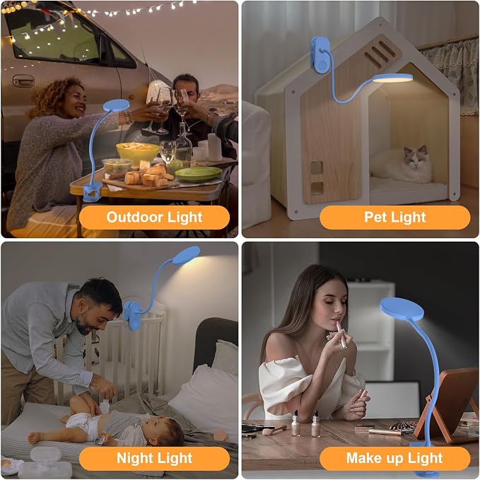 Rechargeable Desk Lamp with Clamp, 97 LED Eye-Care Table Light for Kids Bedroom with 3 Color & 10 Brightness, Cordless Clip on Lamp for Bed Book Reading Crafting Drawing Gaming Puzzle (Blue/4.7'')