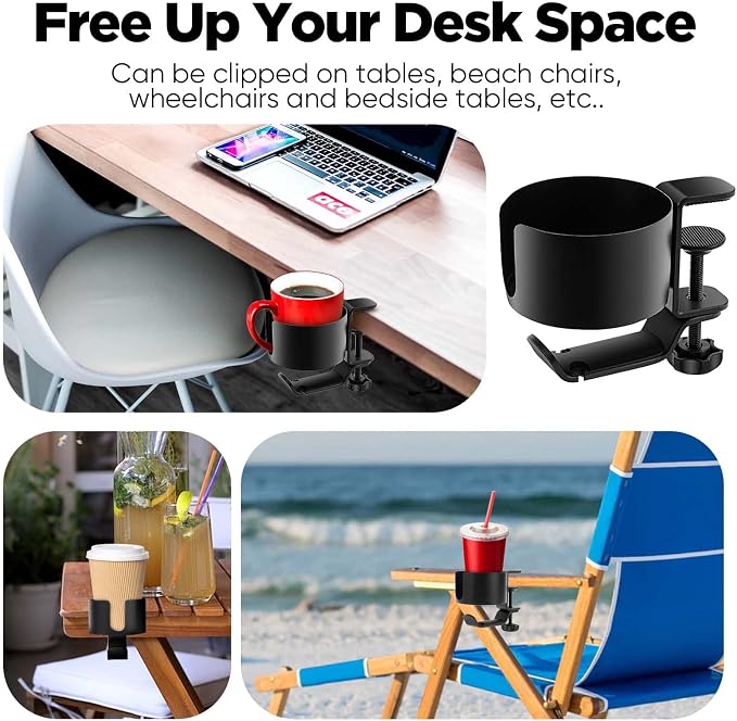 OOKUU 2 in 1 Desk Cup Holder with Headphone Hanger, Anti-Spill Cup Holder for Desk or Table, Easy to Install, Sturdy and Durable, Enough to Hold Coffee Mups, Water Bottles, Headphones (Pack of 2)