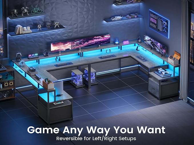 SEDETA L Shaped Desk, 66" Home Office Desk with File Drawer & Power Outlet, Gaming Desk with Led Lights, Corner Computer Desk with Monitor Shelf, Printer Storage Shelves, Two Person Desk, Grey