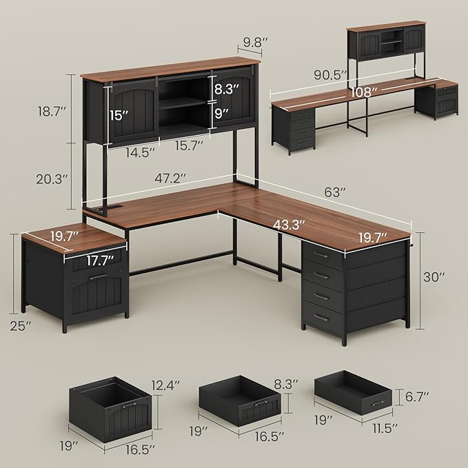 SEDETA Farmhouse L Shaped Office Desk with 6 Drawer, Reversible Computer Desk with Power Outlet, Hutch for Home Office/Two Person, Corner Desk with File Drawer & Printer Storage Shelves, Black