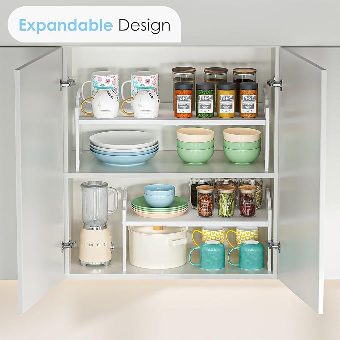 2 Pack 11” Depth Expandable Kitchen Cabinet Organizer Shelves, Heavy Duty Kitchen Countertop Organizers and Storage Rack, Stackable Metal Small Storage Shelf For Pantry Counter Cupboard Organization