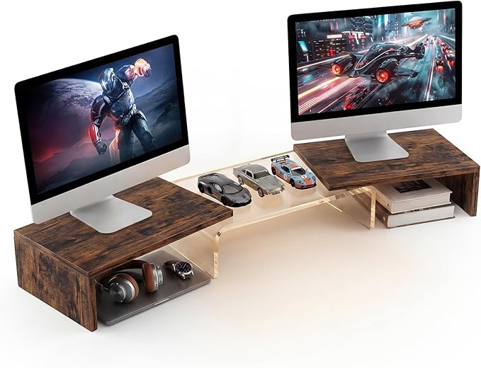 Dual Monitor Riser, Acrylic Monitor Riser, Adjustable Angle & Length Computer Monitor Stand, Wide Desk Shelf for Top of Desk for Home Office_Wood Look Small