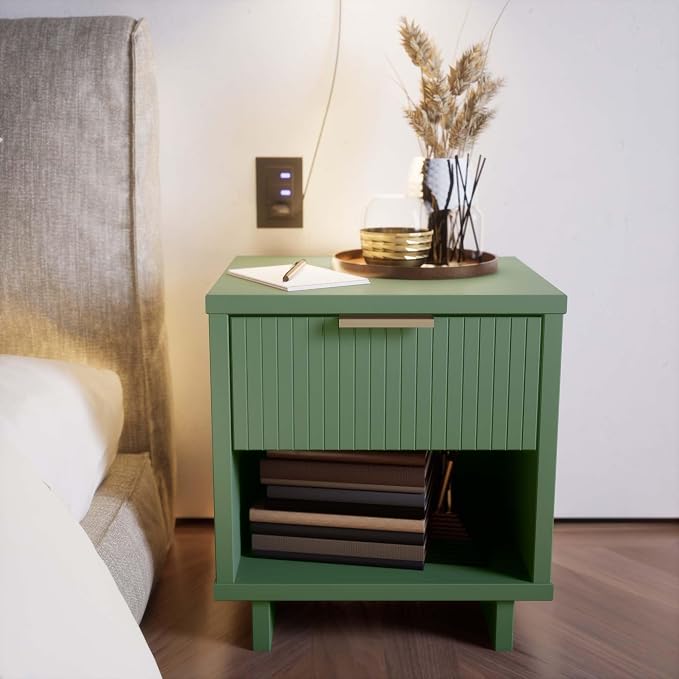 Manhattan Comfort Granville Modern Nightstand 1.0 with 1 Full Extension Drawer, Sled Legs, and Gold Accent Metal Handle, Bedside End Table for Bedroom or Living Room in Sage Green