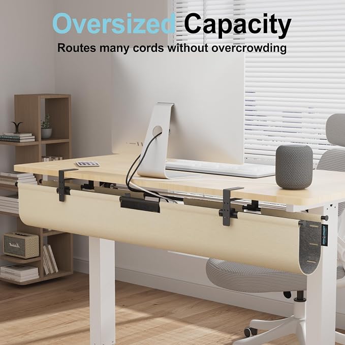 No Drill Under Desk Cable Management Tray, 45.2" Felt Cord Organizer for Table, Clamp/Screw Mount Wire Management with Privacy Panel for Standing Desk & Home Office (Khaki/Gray)
