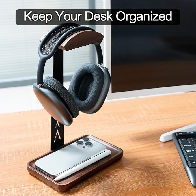 GEVO Headphone Stand, Walnut Wood Headset Stand with Storage Base, Gaming Equipment Accessories for Husband, Teens, Boyfriends, Brothers, and Gamers (Walnut-1)