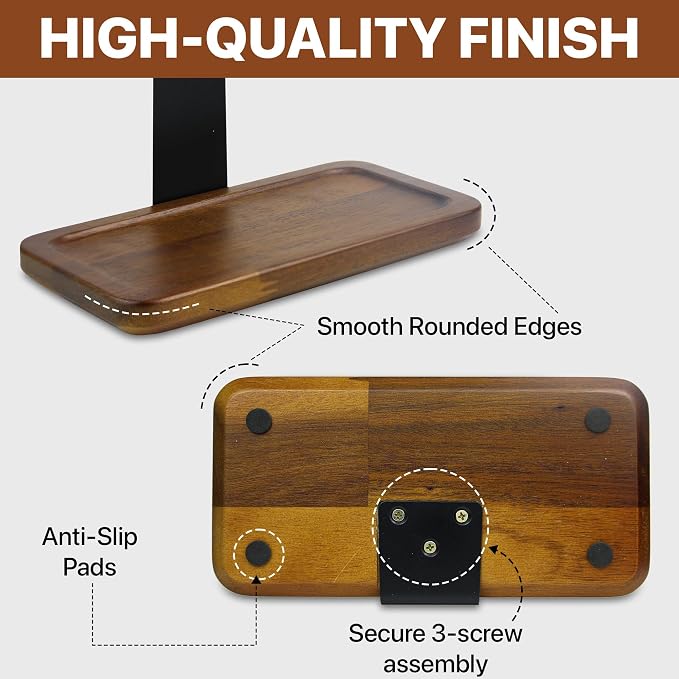 Gift for Men Headphone Stand with Storage Base, Stylish Headset Holder Gamer Gifts for Gaming & Desk to Keep Accessories Organized, Unique Gifts for Teenage Boy Brother on Birthday (Brown Wood)