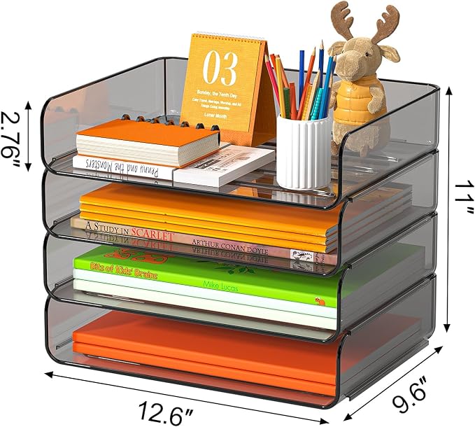 FANXIYQ 4-Tier Acrylic Paper Tray Organizer, Brown Stackable Desk File Organizer for Documents, Mail, Homework & Notebooks, Letter Tray Storage for Home Office, Classroom & Study Desk