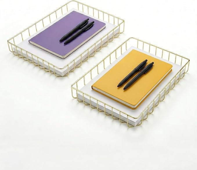 Elegant Gold Wire Desk Tray Organizer - Multipurpose A4 Letter Size File Tray, Premium Metal Mesh Document & Magazine Holder, Storage Basket for Office, Vanity, & Bathroom, Gold, 2 Pack