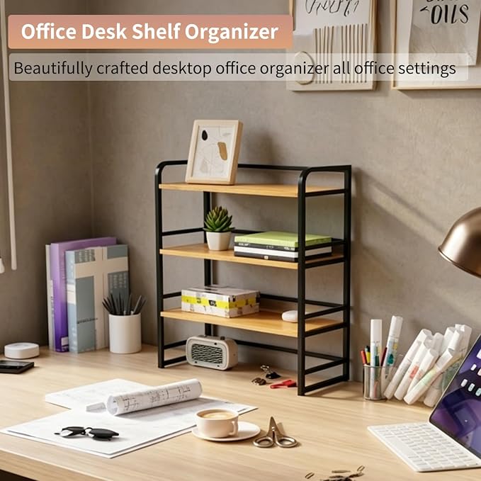 Office Desk Shelf Organizer, Wood Desktop Bookshelf Supplies Storage Rack, Shelf for Top of Desk and Dresser and Cubicle Decor Aesthetic Bookshelf (Black Brown, Three Tier, 19.69Lx7.87Wx22.05H)