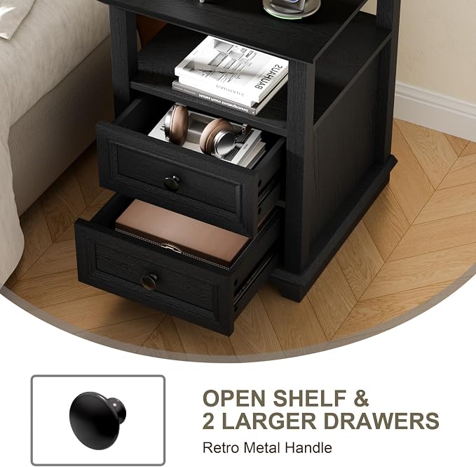 REDAYFUR End Table with Fast USB C Charging Station,18" Wide Sofa Side Table with 2 Drawers, Large Storage Rustic Wood Square Storage Cabinet for Living Room, Bedroom, Office, Black