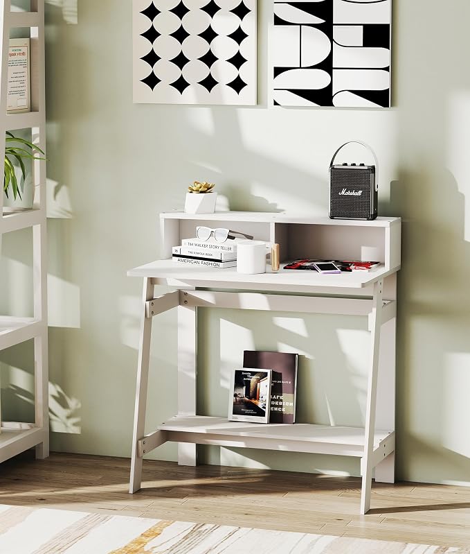 Small Desk for Bedroom, Computer Desk Office Desk with Storage, Corner Desk for Small Space, White