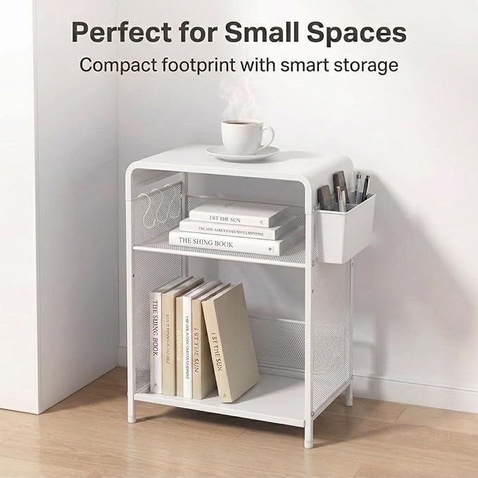 ECOLOVI 3 Tier Printer Stand for Under Desk, Height Adjustable Shelf Small Printer Table with 3 S-Hooks & Basket, Heavy Duty Industrial Storage Shelf for Home Office (White Metal)
